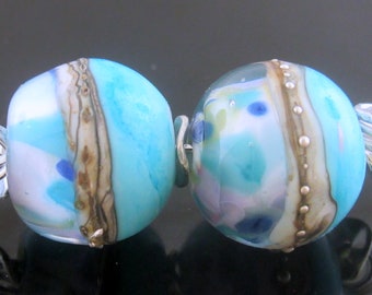Made To Order (MTO) –Handmade Turquoise and Frit Encased Round Decorated with Silvered Ivory and Fine Silver Earring Lampwork Beads