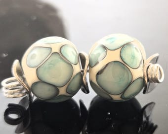 Handmade Lampwork Earring Beads:  Ivory with Copper Green dots capped