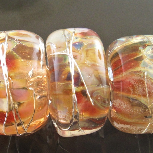 Handmade  Multi-Colored Frit wrapped  in Fine Silver Wire Encased BHB Lampwork Doughnut Bead Set