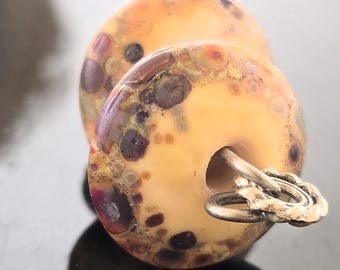 Handmade Lampwork Beads Set: Opal Yellow wrapped in Fine Silver Foil rolled in Multi Colored Frit Disk Earring Pair