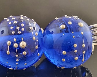 Made To Order (MTO) –Handmade Silver Cobalt Blue Glass rolled wrapped in Fine Silver Lampwork Bead Pair