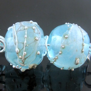 Made To Order (MTO) --Handmade Light Aqua Round Decorated with Silvered Ivory Shards and Fine Silver trail Earring Lampwork Beads