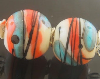 Made To Order (MTO) –Handmade Ivory with Swipes of  Coral and Tuquoise with Black Detail Round Lampwork Beads set