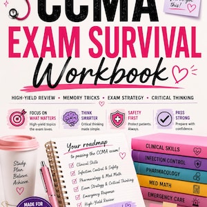 May include: A vibrant graphic promoting a CCMA Exam Survival Workbook. The image features a pink stethoscope, a notepad with a roadmap, and a stack of colorful books. Text includes "Exam Survival Workbook" and study tips.