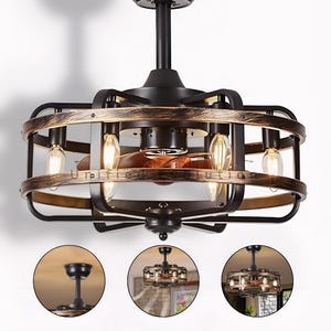 May include: A black and bronze ceiling fan with a cage-like design. The fan features four light bulbs and wooden fan blades. The cage has a bronze finish with a distressed look. The fan is mounted on a black ceiling fixture.