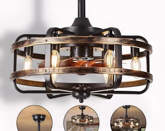 Farmhouse Bladeless Ceiling Fan with Light, Black Rustic Industrial Chandelier, 18" Flush Mount