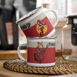 Taza de esmalte Round-Up / Taza vintage de rodeo occidental / Café vaquero Let 'Er Buck