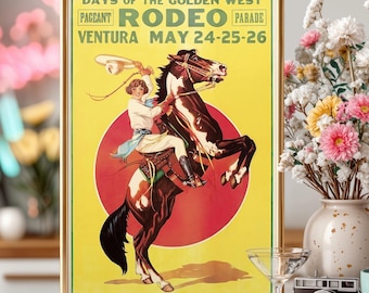 Vintage Rodeo Print, “Days of the Golden West” Cowgirl California Western Art, Retro Americana