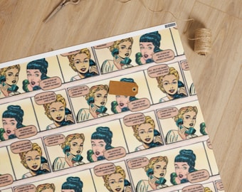 Papel de regalo para llamadas telefónicas de mujeres de cómic retro: papel de regalo de arte pop vintage