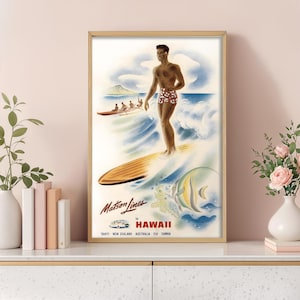 May include: Vintage travel poster in a wooden frame. The poster features a surfer riding a wave, with a boat and a fish in the background. The text reads "Matson Lines to Hawaii."