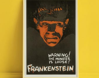 Frankenstein Movie Poster, Classic Horror Art Print, Retro Monster Wall Decor, Gothic Halloween Gift