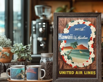 May include: A framed vintage travel poster for Hawaii Via Mainliner by United Air Lines. The poster features a beach scene with a plane, palm trees, and a lei. Two mugs with creature graphics sit on a wooden tray.