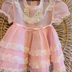 Vintage 50&#39;s Pink Tulle Ruffled Dress: Toddler Girl Lace Trim, 18-24 Months