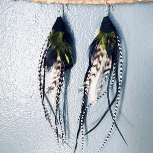 Rustic Boho Feather Earrings – Long Dangle Statement Jewelry with Natural Brown, Black & White Feathers – Handmade Festival Accessories