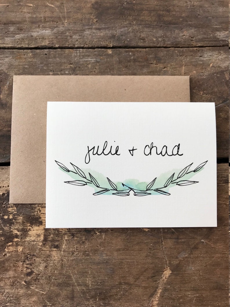 Minimalist Watercolor Greenery Outdoors Woodland Wreath Rustic Wedding Thank You Cards Personalized with Bride and Groom Name Leaf