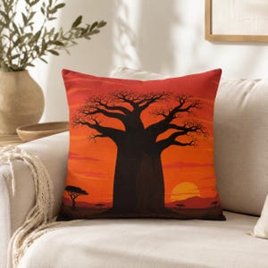 Baobab Tree Sunset Pillow Cover, African Landscape Decor, Boho Nature Cushion (100% Polyester)