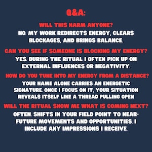 May include: A navy blue graphic with the title "Q&A:" in red. The text answers questions about energy work, including clearing blockages, distant energy tuning, and future insights. The text is in white.