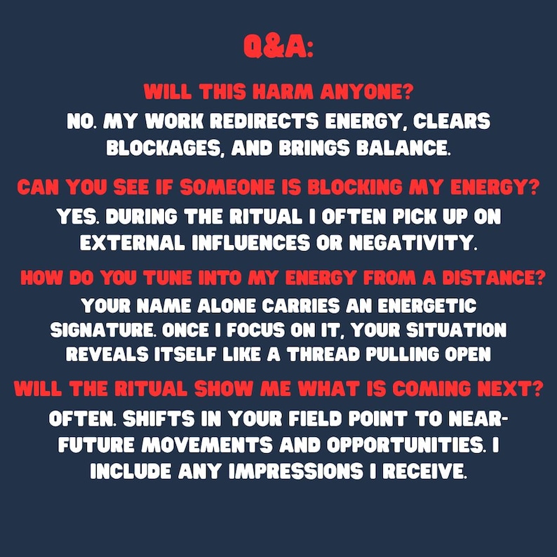 May include: A navy blue graphic with the title "Q&A:" in red. The text answers questions about energy work, including clearing blockages, distant energy tuning, and future insights. The text is in white.