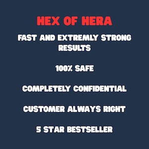 May include: A navy blue graphic with white text that reads "HEX OF HERA", "FAST AND EXTREMLY STRONG RESULTS", "100% SAFE", "COMPLETELY CONFIDENTIAL", "CUSTOMER ALWAYS RIGHT", and "5 STAR BESTSELLER". The text is in a bold, sans-serif font.