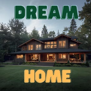 May include: A spacious two-storey house with a dark roof and wooden cladding. The words "DREAM" and "HOME" are displayed in large, colourful text. The house has numerous windows and is surrounded by trees and a green lawn.