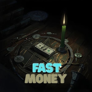 Puede incluir: Una pila de billetes de 100 dólares descansa sobre un pentagrama, con una vela verde encendida y las palabras "FAST MONEY" en primer plano. La escena está ambientada en una mesa de madera con varios objetos de temática oculta.