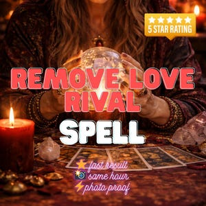 Puede incluir: Imagen de una bola de cristal brillante sostenida por una persona, con las palabras "REMOVE LOVE RIVAL SPELL". Texto adicional incluye "fast result", "same hour" y "photo proof". También se muestra una calificación de cinco estrellas.