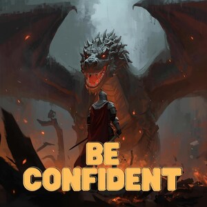Peut inclure: Illustration numérique d'un chevalier face à un grand dragon. Le chevalier, vêtu d'une armure et d'une cape rouge, se tient devant le dragon avec le texte "BE CONFIDENT" en jaune. Le dragon a des yeux rouges et une gueule ouverte, avec des flammes en arrière-plan.
