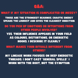 May include: A navy blue graphic with red and white text. The text reads "Q&A" followed by questions and answers about readings, emotions, and rituals. The answers discuss chaotic energy, energetic hooks, and lineage work.