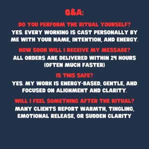 May include: A navy blue graphic with white and red text. The text reads "Q&A" followed by questions and answers about a ritual service. The questions include: "Do you perform the ritual yourself?" and "Is this safe?"