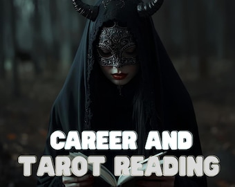 May include: A person wearing a black hooded cloak and a decorative mask, with curved horns, holding an open book. The text "CAREER AND TAROT READING" is displayed in white letters with a black outline.