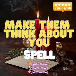 May include: An image with two burning red candles and the text "MAKE THEM THINK ABOUT YOU SPELL" in yellow. A 5-star rating badge is visible. Additional text includes "fast result, same hour, photo proof."