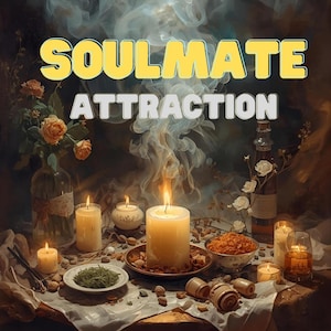 Pode incluir: Imagem com as palavras "SOULMATE ATTRACTION" em amarelo e branco. A cena inclui velas acesas, uma garrafa com flores e uma tigela de nozes, criando um ambiente místico.