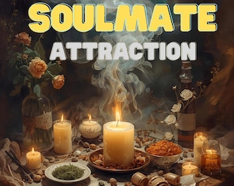 May include: An image with the words "SOULMATE ATTRACTION" in yellow and white. The scene includes lit candles, a bottle with flowers, and a bowl of nuts, creating a mystical ambiance.