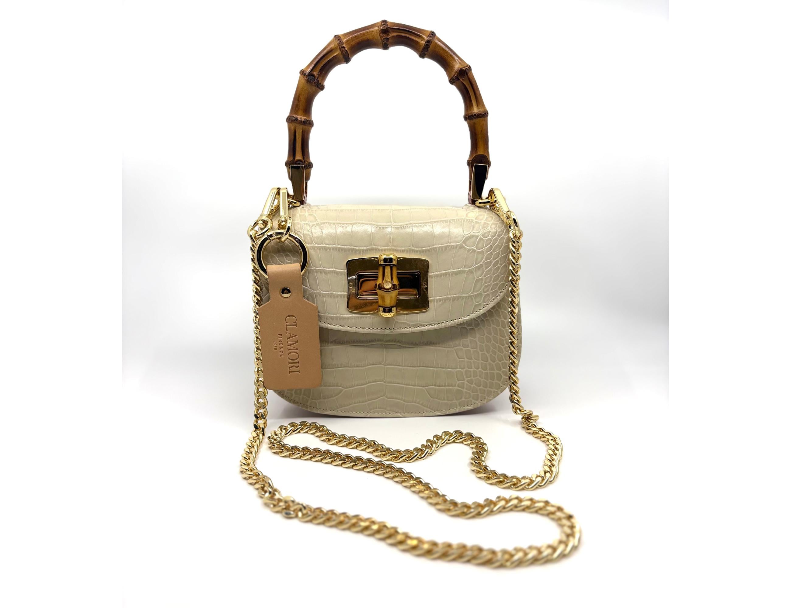 Clamori Jolie Small Bamboo Pearl White/cognac Croc Printed 