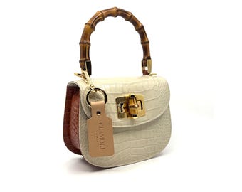 Clamori Jolie Small Bamboo Pearl White/Cognac Croc Printed Calfskin | 100% Full Grain Italian Genuine Leather | Handmade In Florence, ITALY