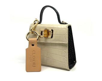 Clamori Baby Bag Pearl White/Black Croc Printed Calfskin | 100% Full Grain Italian Genuine Leather | Handmade In Florence, ITALY