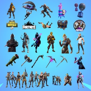 May include: A collection of Fortnite-themed images, including characters, weapons, and logos. The characters are in various action poses, and the weapons include a rocket launcher and pickaxes. The Fortnite Battle Royale and Fortnite logos are also present.