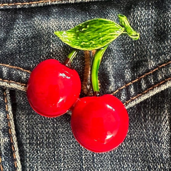 Vintage Red Cherry Brooch, Gold Tone Metal Painted Fi… - Gem