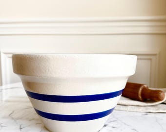 Robinson Ransbottom Blue Stripe Bowl Vintage Stoneware Mixing Bowl RRP Roseville Ohio Farmhouse Kitchen