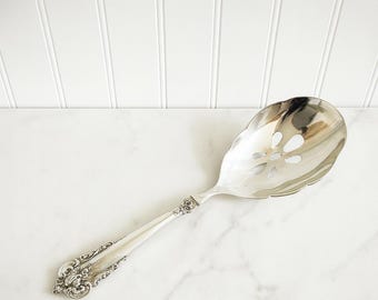Vintage Sterling Silver Handle Pierced Berry Spoon – Ornate Floral Victorian Style Silverplate Serving Spoon