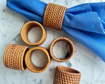 Vintage Rattan Napkin Rings Set of 6, Woven Wicker Napkin Holders, Coastal Table Decor, Boho Farmhouse Dining