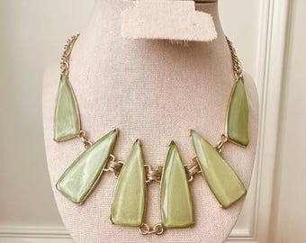 Vintage Sage Green Statement Necklace, Gold Tone Geometric Necklace, Olive Green Fashion Jewelry, Modernist Bib Necklace