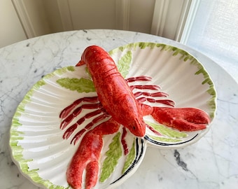 Vintage Figural Lobster Ceramic Serving Platter - Coastal Nautical Shell Dish, Beach House Coastal Entertaining Decor, Lobster Wall Decor