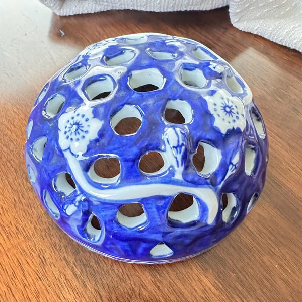 Vintage Blue & White Ceramic Flower Frog, Chinoiserie Floral Arranging Frog, Pierced Porcelain Flower Holder, Grandmillennial Cottage Decor