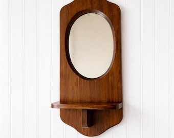 Vintage Wooden Wall Mirror with Shelf, 1940s–1950s Cottage Farmhouse Entryway Decor | Small Wall Shelf Mirror