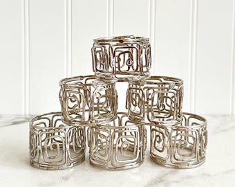 Silver Tone Filigree Napkin Rings, Geometric Swirl Design, Set of 6