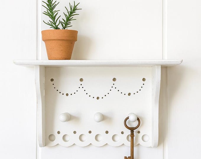White Scalloped Wall Shelf With Peg Hooks |cottagecore Wood Shelf ...