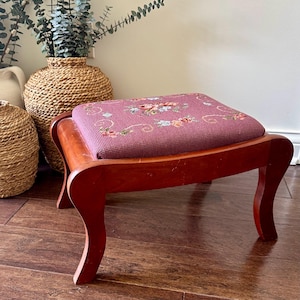 Vintage Floral Needlepoint Top Wood Footstool, Victorian Style Embroidered Stool,  11” x 16” / Cottagecore, Victorian, Grandmillenial Decor