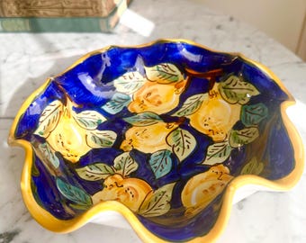 Vintage Italian Sorrento Lemon Bowl | Hand Painted Ceramic Fruit Bowl | Amalfi Coast Pottery | Blue Yellow Mediterranean Decor