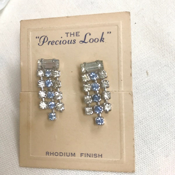 Dainty Rhinestone Dangle vintage Screw Back Earrings Original Card